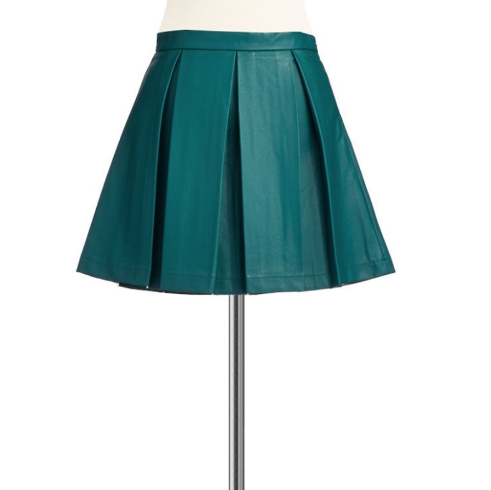 French Connection Green Vegan Leather Pleated Skir